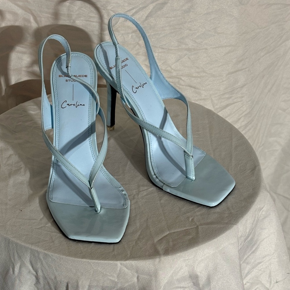 Light blue stiletto sandal, worn once, Black Suede Studio.